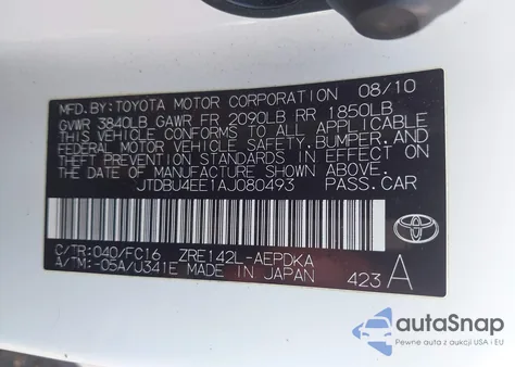 2010 Toyota Corolla Le z USA, uszkodzony, nr VIN JTDBU4EE1AJ080493